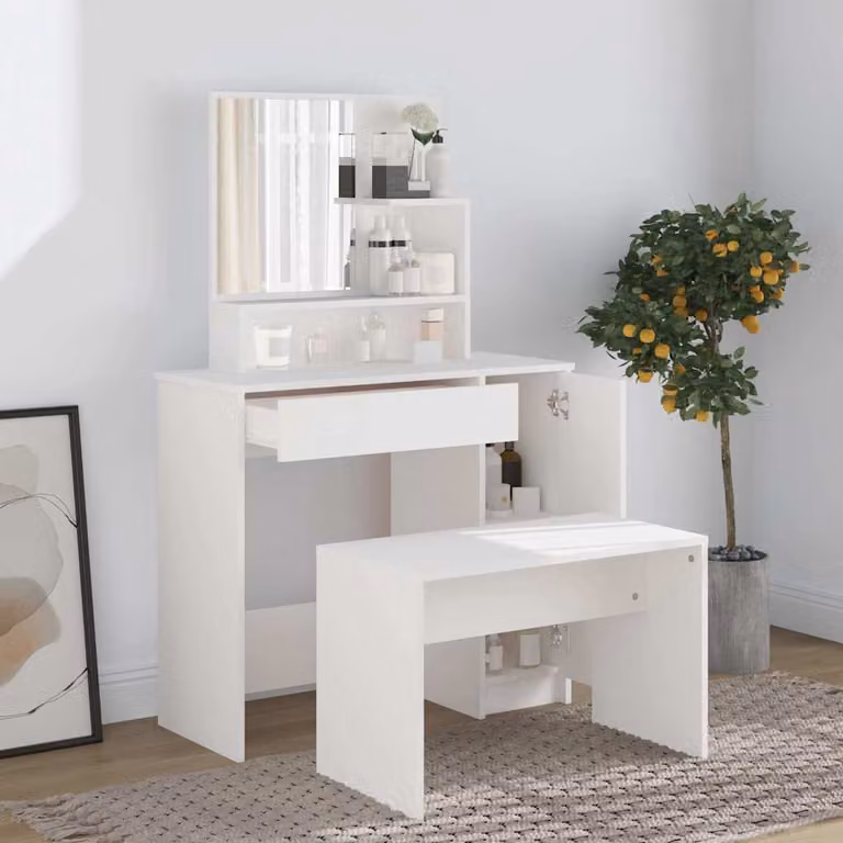 Set Tavolo da Toeletta vidaXL Bianco L: 86,5 cm, P: 35 cm, H: 136 cm