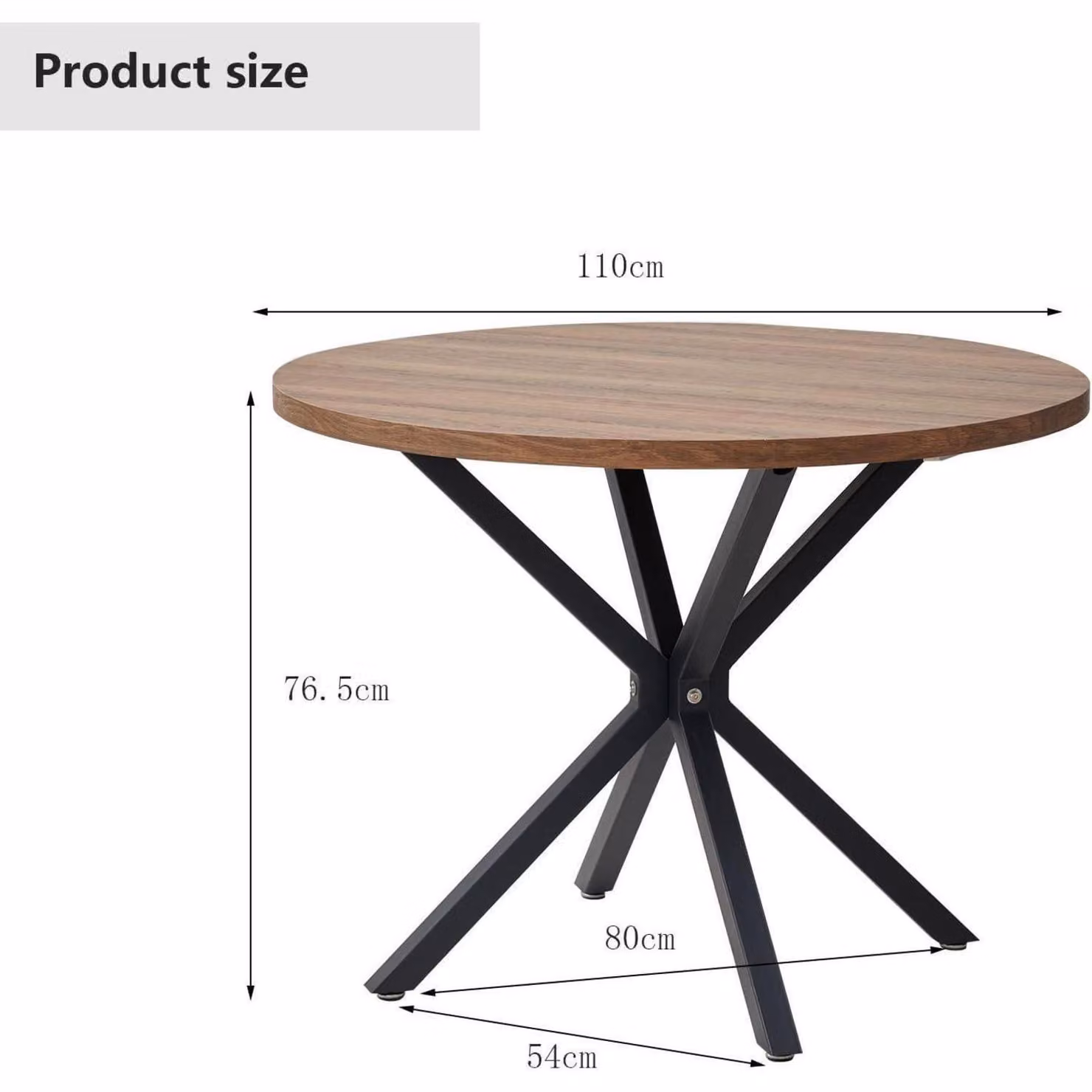 Tavolo rotondo da pranzo, diametro 100 cm, color marrone scuro, struttura in MDF, gambe in metallo, adatto per 4-6 persone