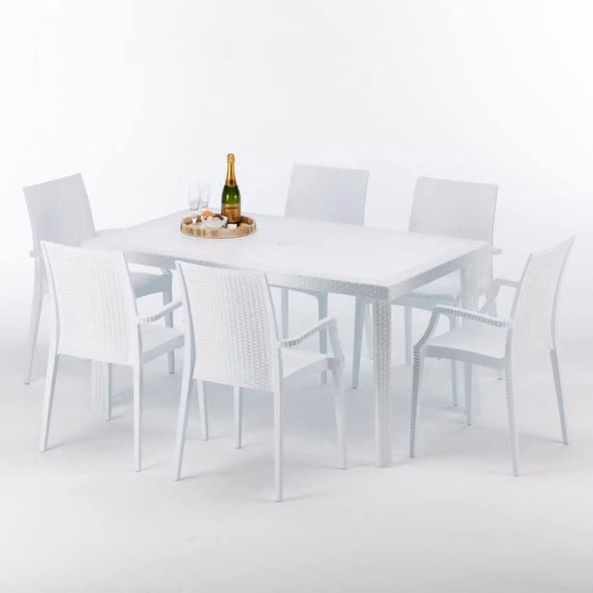 Tavolo rettangolare bianco e 6 sedie Set di bastoni da esterno in polipropilene colorato Grand Soleil Arm Bistrot Summerlife - Bianco