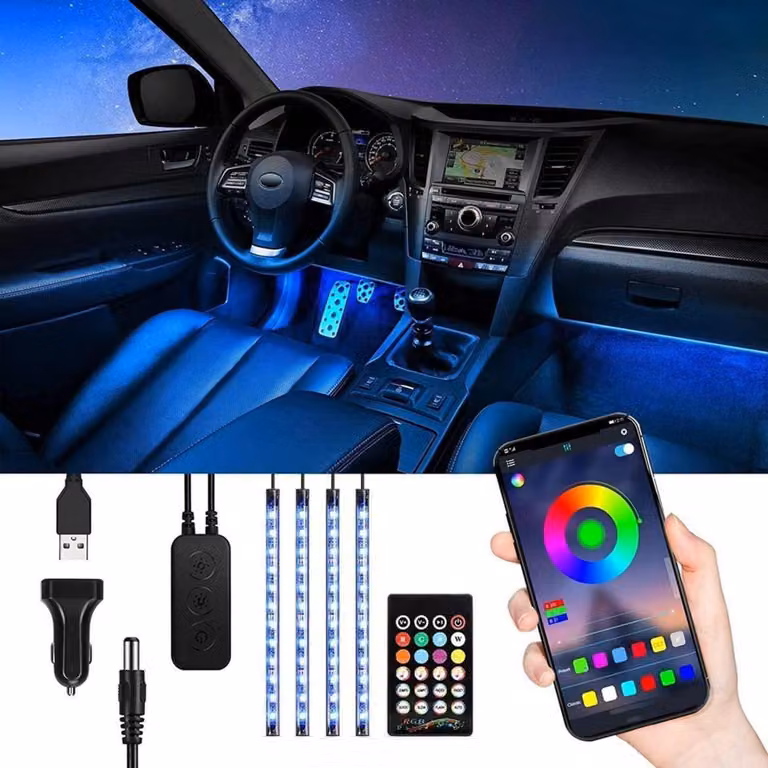 Illuminazione interna LED per auto, con controllo tramite app, luci RGB, alimentazione USB, 12V, 48 LED, accendisigari, impermeabile