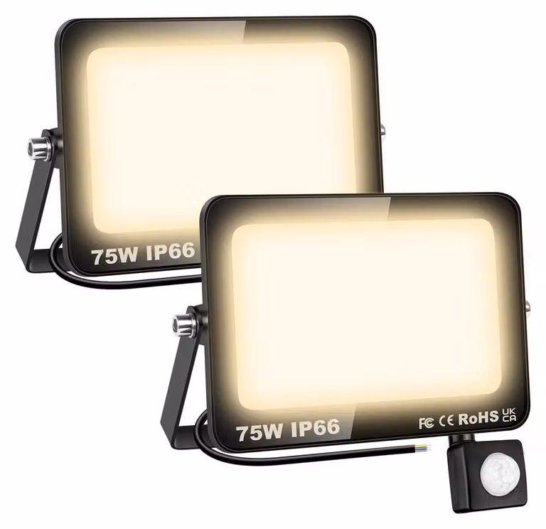 Set di 2 faretti LED con sensore, 75W, 7500 lumen, 3000K (luce bianca calda), grado di protezione IP66