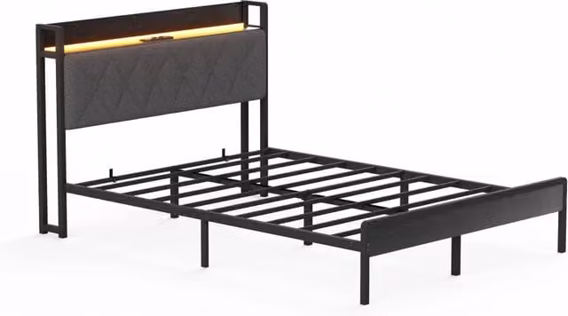 Letto Matrimoniale Contenitore Moderno in Tessuto e Metallo con Illuminazione LED e Porte USB, L/P: 140 x 190 cm, Grigio e Nero