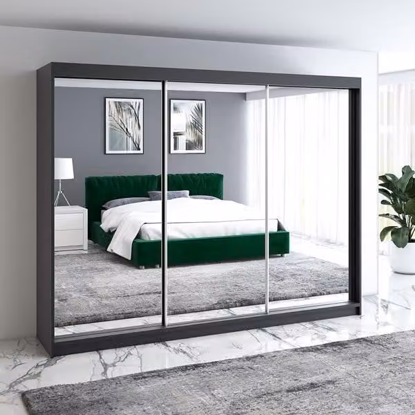 Armadio a porte scorrevoli, a 3 ante con 4 cassetti e 3 specchi ULMI 200 cm. (Bianco, Nero, Somona)