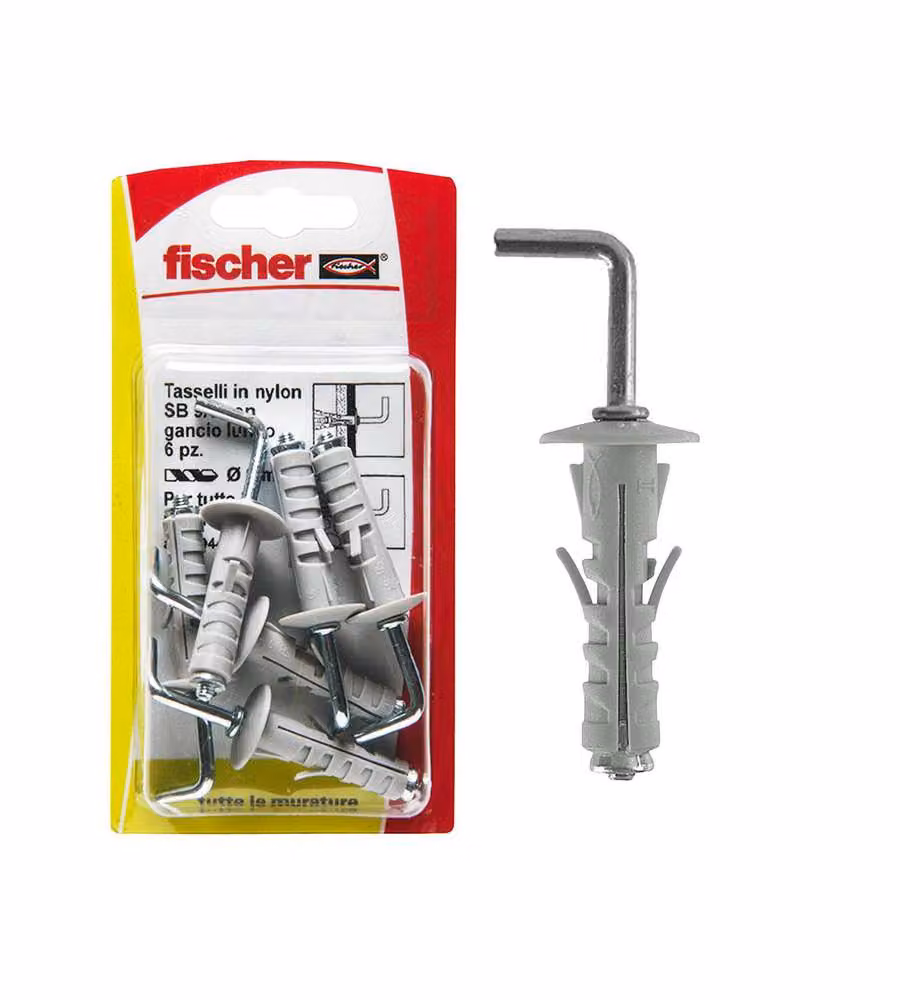 Fischer Tasselli a espansione SB 9/6 K con gancio lungo, grigio, confezione da 6 pezzi