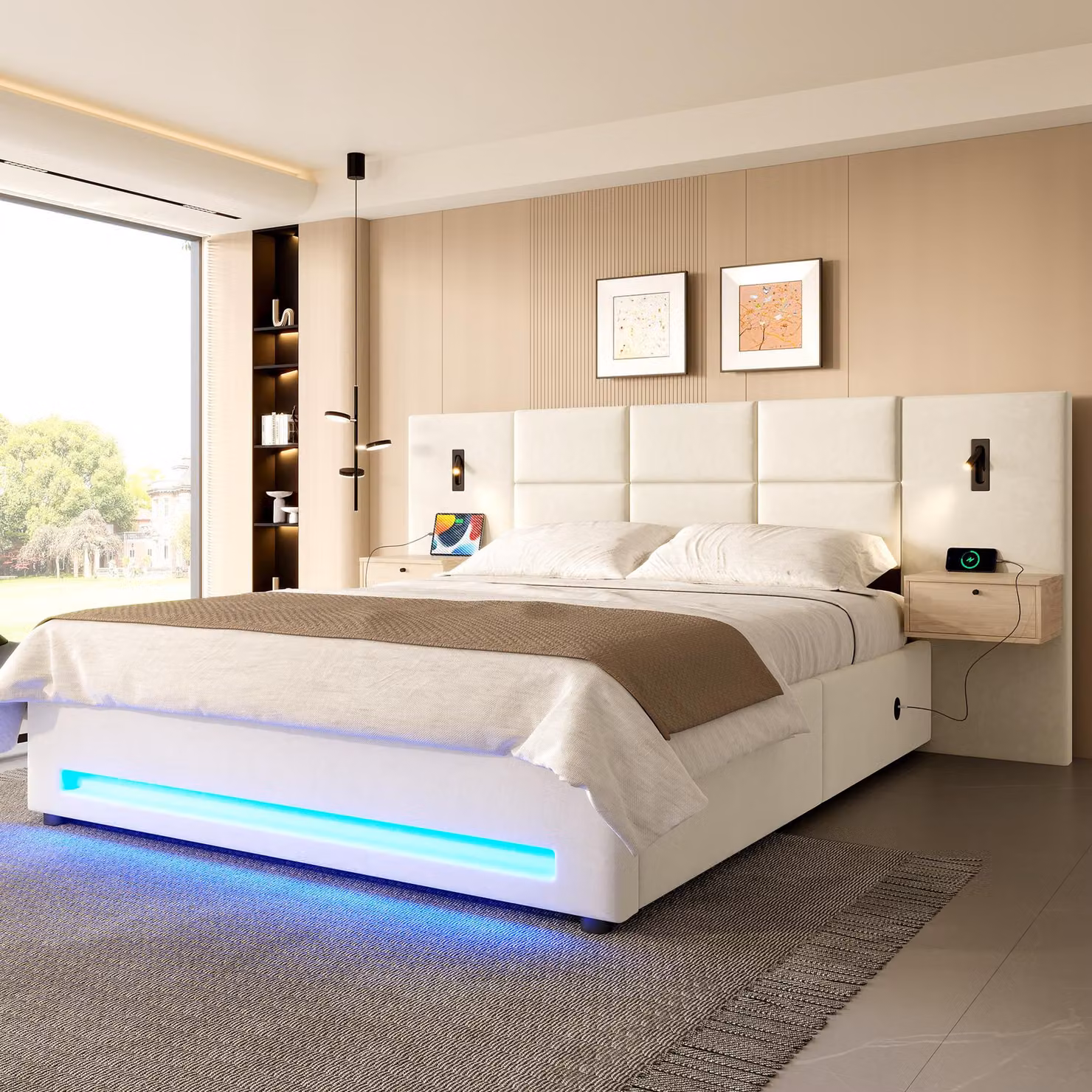 Letto imbottito okwish 160x200 con cassetti integrati e luce notturna, letto per ragazzi con porta USB-C e contenitore, letto matrimoniale beige, senza materasso