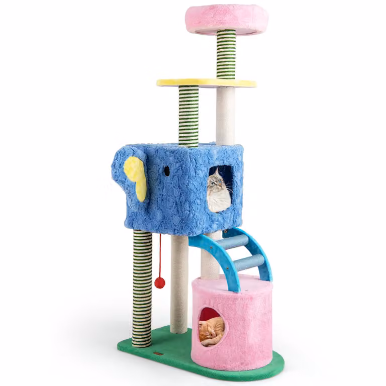 COSTWAY tiragraffi 154 cm, albero per gatti a forma di elefante, tiragraffi per gatti con 2 grotte, lettino, tiragraffi, scala e pallina, arredamento per gatti, albero da arrampicata, colorato