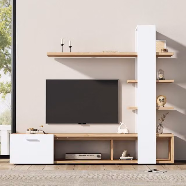 Set Mobile TV Minimal per Soggiorno Bianco e Rovere, L: 180 cm, P: 33,5 cm, H: 151,5 cm – 1