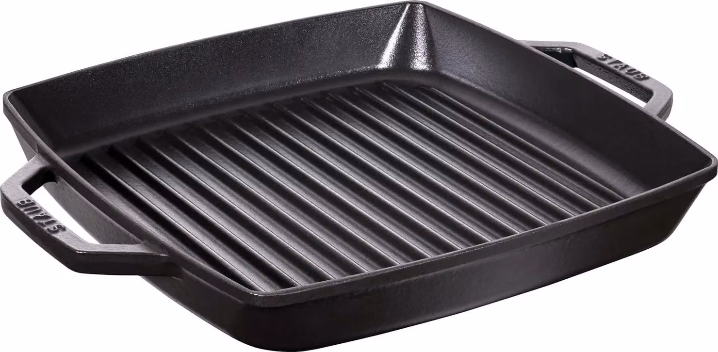 Griglia quadrata in ghisa per induzione colore nero con maniglie di Staub, diam.33cm