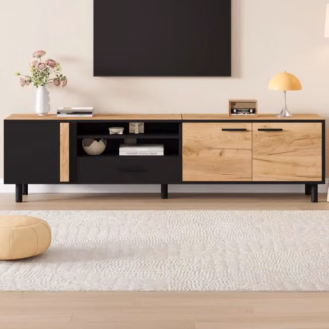Mobile porta TV moderno OKWISH per soggiorno con 3 ante, 1 cassetto e ripiano aperto, colore nero legno, L 180 cm x P 32,5 cm x H 50 cm