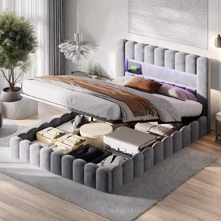 Struttura letto matrimoniale 180 x 200 cm, grigio chiaro, con contenitore, luci LED, testata e stazione di ricarica