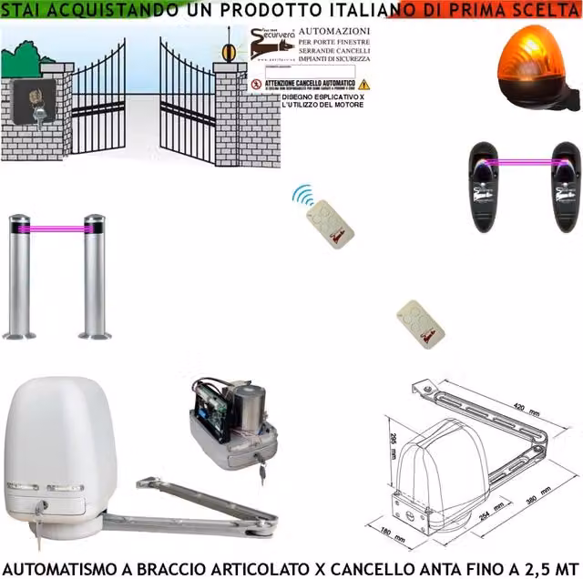 Automazione Cancello Kit Motore a Braccio Articolato 220/24 V Anta da 0,5 a 2,5 MT Centrale 2 Radiocomandi Faro Selettore 2 Paline 2 Fotocellule