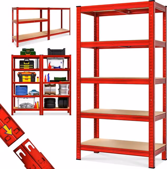 Scaffale industriale Monzana® in metallo rosso con ripiani regolabili, H 180 x L 90 x P 40 cm