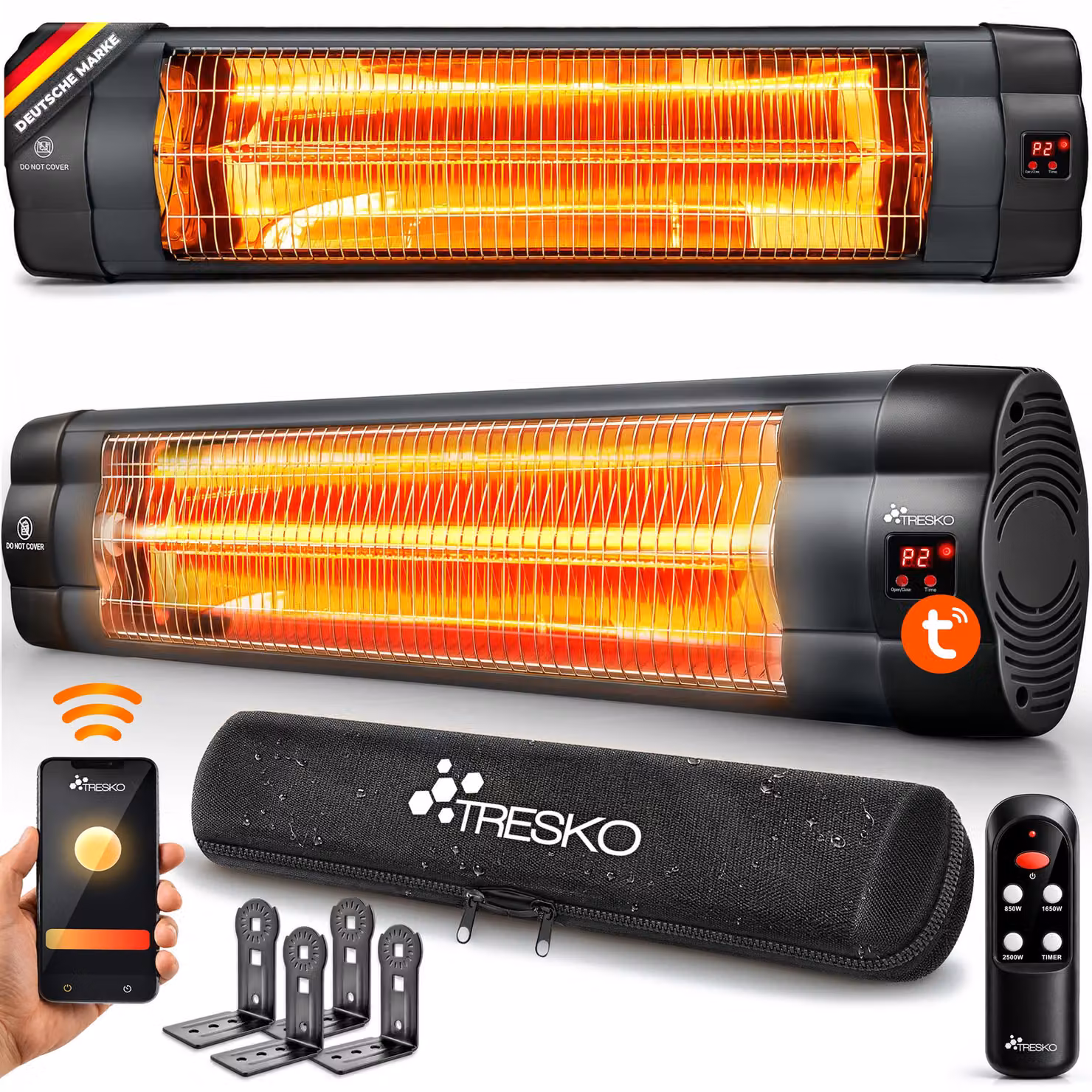 Riscaldatore a infrarossi TRESKO® da 2500W con Wi-Fi e telecomando, per interni ed esterni | Riscaldatore per terrazza con 3 livelli di riscaldamento e display LED | Riscaldatore a infrarossi da parete, ideale per terrazze, riscaldatore a infrarossi, risc