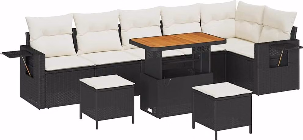 Set Divano da Giardino 11 pcs Nero e Crema polyrattan