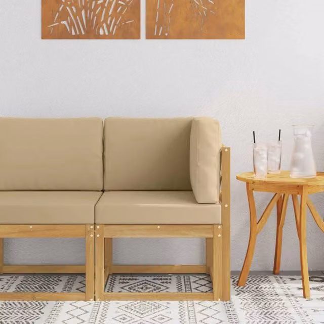 Divano Angolare da Esterno Componibile in Legno di Acacia Massello Bianco e Beige con Cuscini