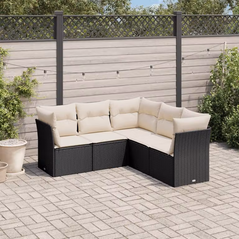 Set di Divani da Giardino a L vidaXL 5 pz con Cuscini in Polyrattan e Acciaio Nero