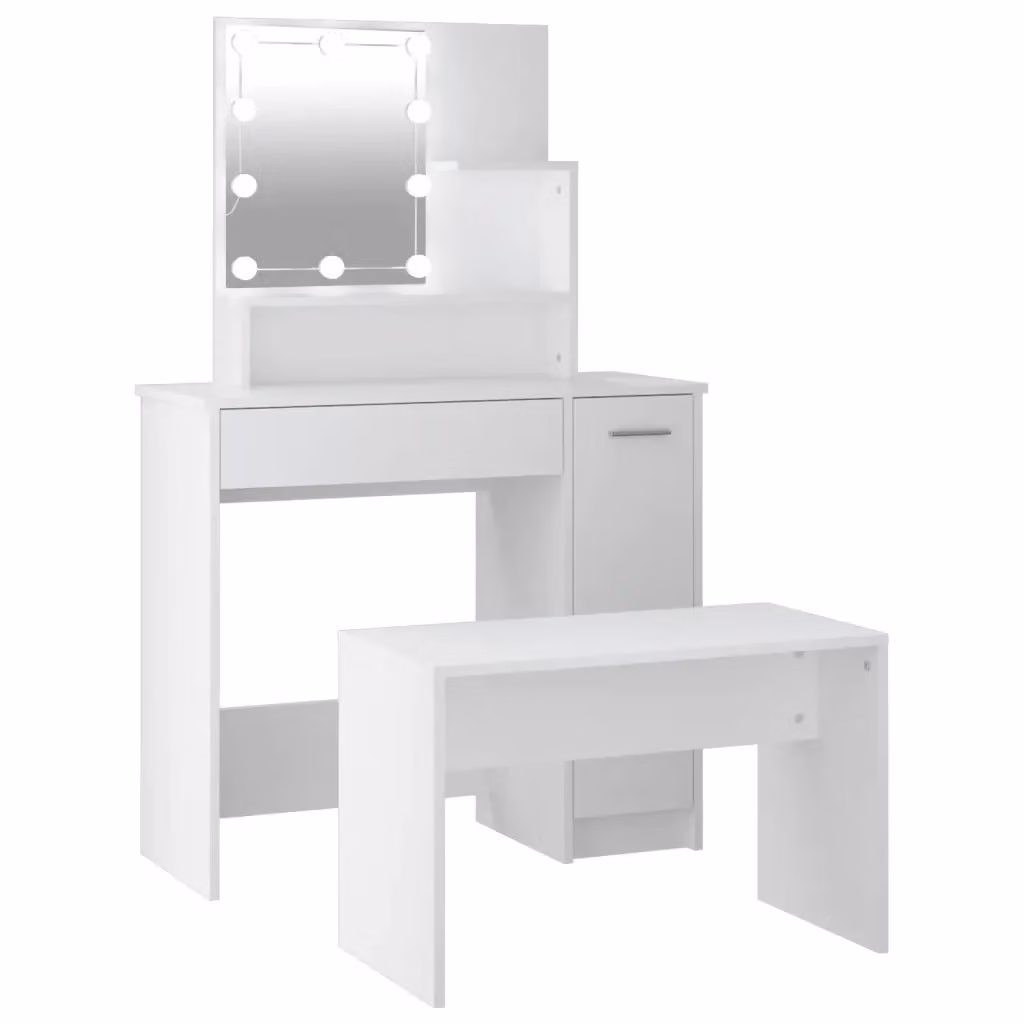Set da Toeletta Moderno vidaXL Bianco con LED in Legno Laccato L: 136 cm, P: 35 cm, H: 86,5 cm – 2