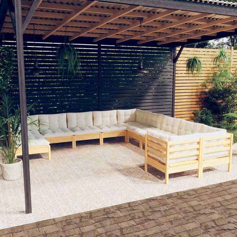 vidaXL Set Divani da Giardino 11 pz in Legno di Pino Massello con Cuscini Beige