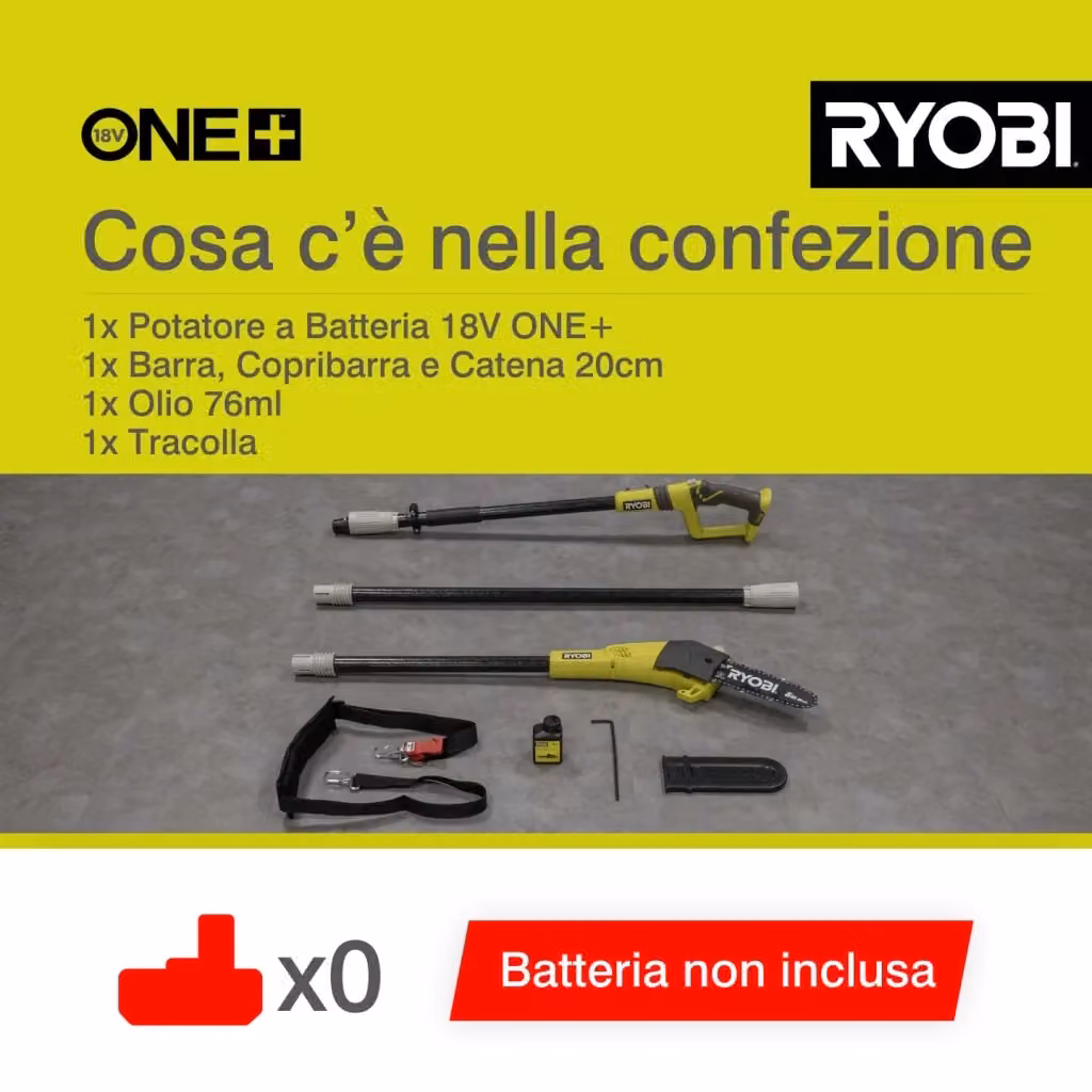 Potatore estensibile a batteria Ryobi ONE+ 18V con barra da 20 cm, colore giallo – 2