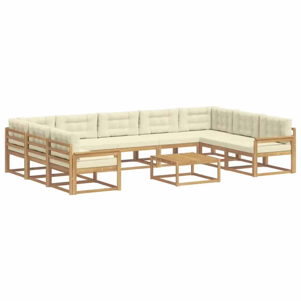 Set di divani da esterno a L con tavolino da caffè vidaXL, 10 pezzi, Bianco e Beige, in legno di acacia trattato con cuscini inclusi – 2