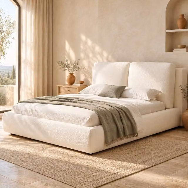 Letto imbottito Bouclé beige con vano contenitore e rete a doghe