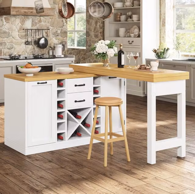 Isola cucina ULEVR girevole 120-223x40x73,8 cm con 2 cassetti, portabottiglie estraibile e portarifiuti, bianca
