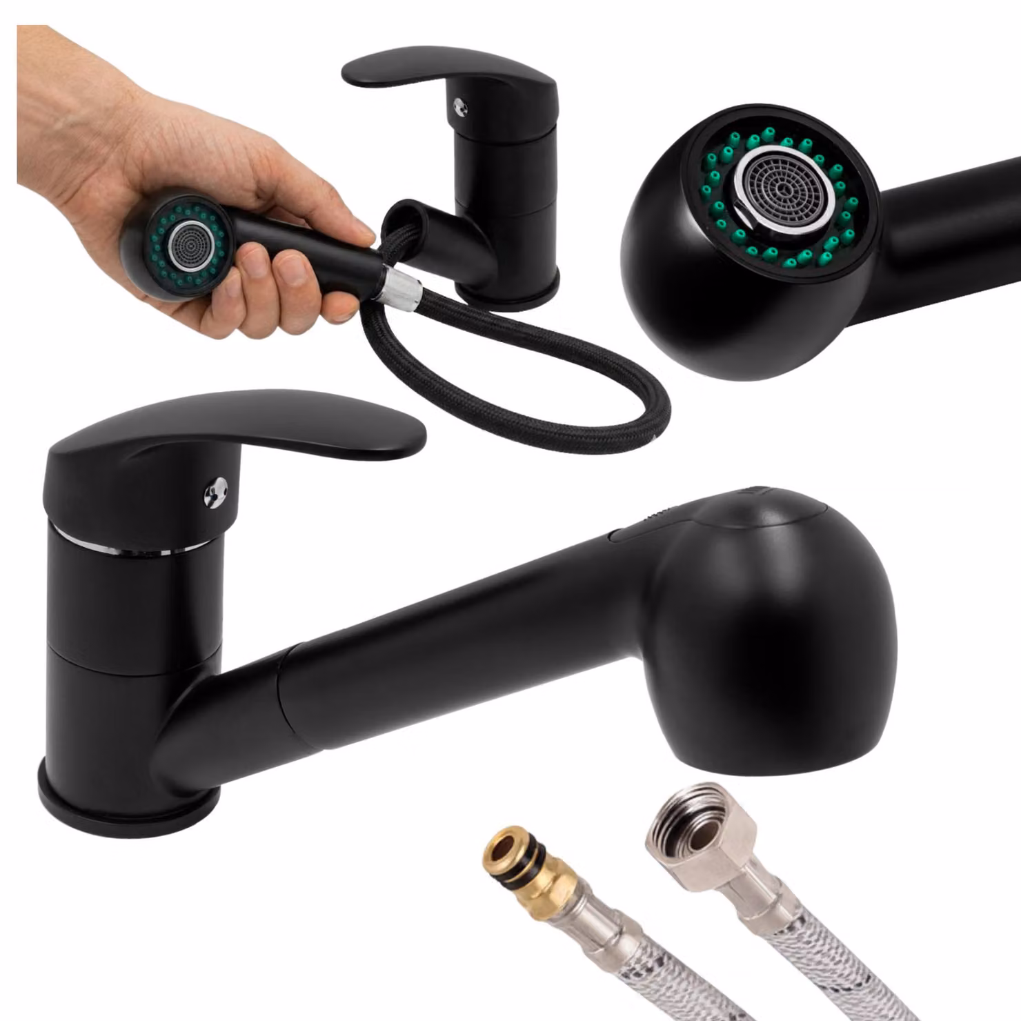 Granitan - Rubinetto da cucina - Rubinetto per lavello - Bocca estraibile - Cartuccia in Vetroceramica - Nero - HAND