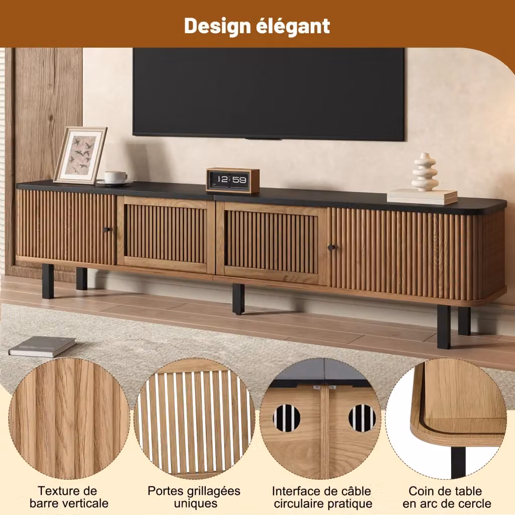 Mobile TV REDOM in rovere marrone con ante scorrevoli e griglia, L 190 cm x P 35 cm x H 45 cm – 2