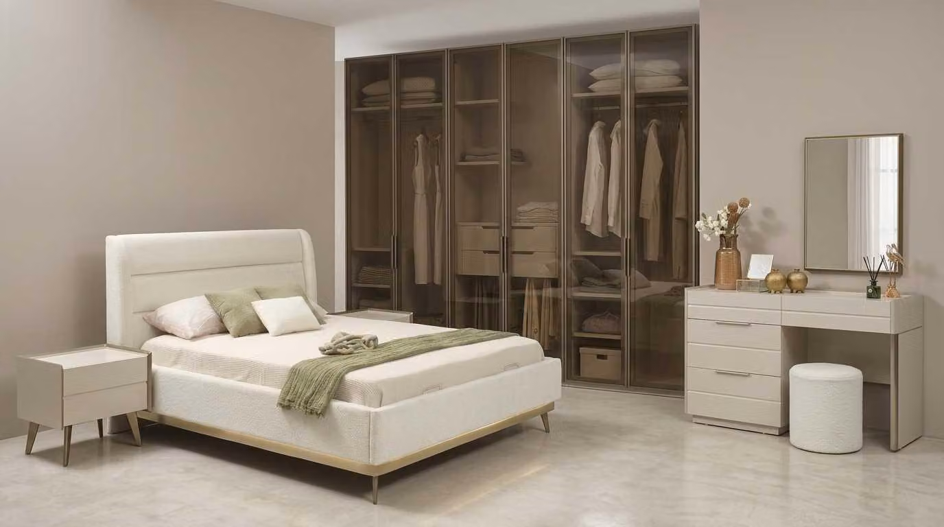 Set per camera da letto beige, moderno, composto da: letto, comò da trucco, armadio con vetri