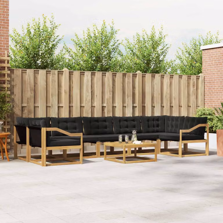 Set di divani da esterno vidaXL 8 pz in legno di acacia con cuscini bianchi e neri per giardino e terrazza