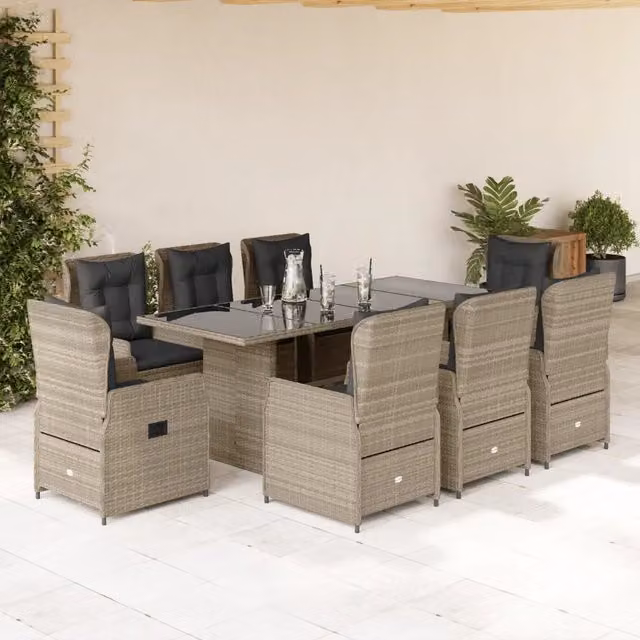 Set da pranzo da giardino vidaXL in polyrattan grigio con 9 pezzi e piano in vetro