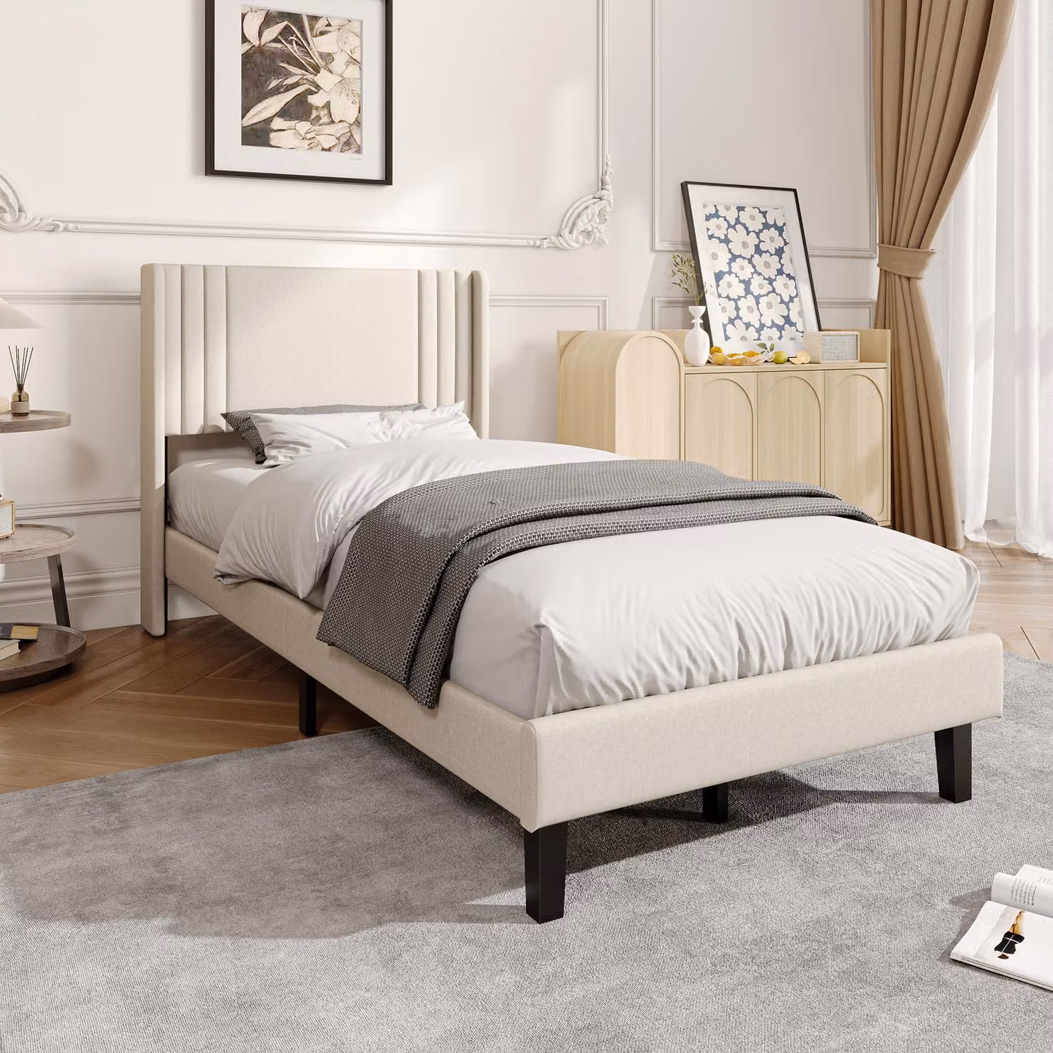 UnboxG Letto imbottito 90x200 cm beige in tessuto di lino, letto singolo con testiera imbottita, letto da camera moderno