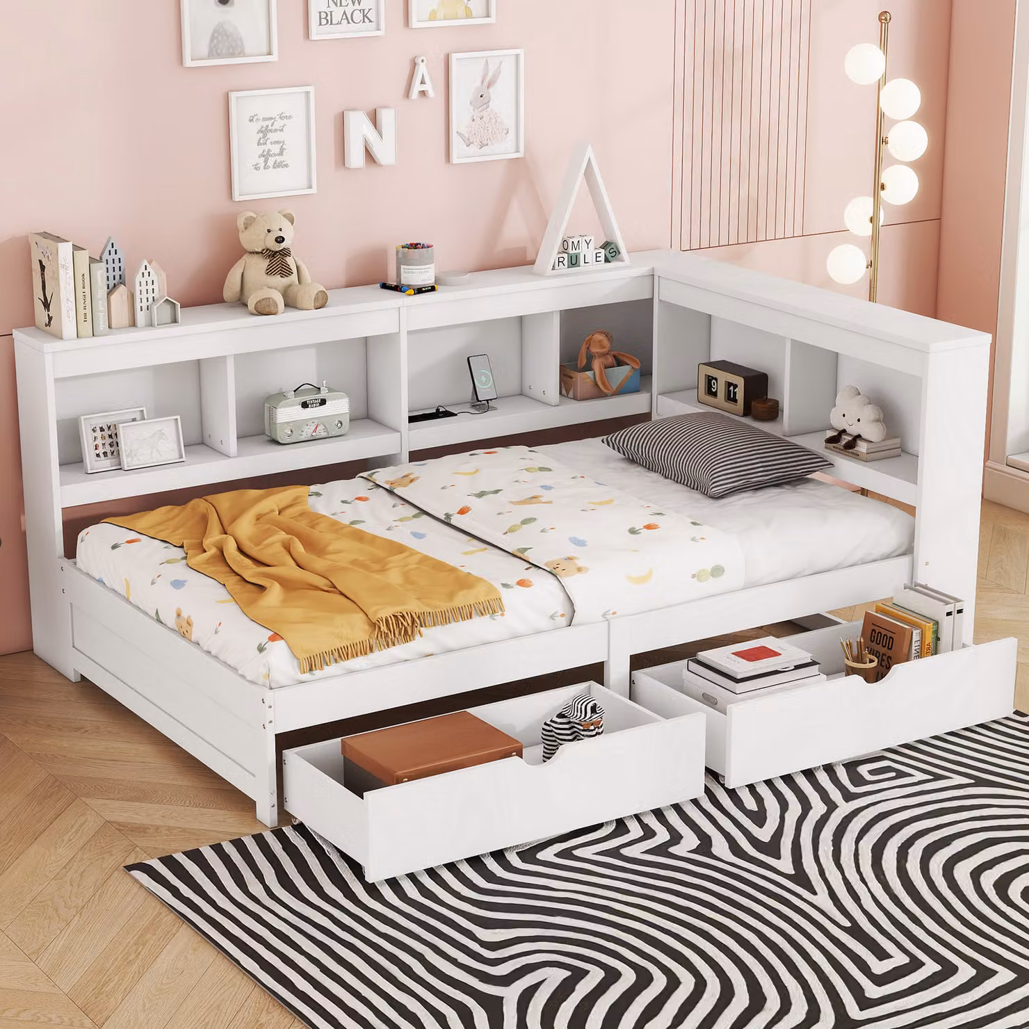 okwish Divano letto giorno 90x200 cm con griglia in legno e due cassetti, letto giorno per bambini con presa elettrica e 2 porte USB (senza materasso) - bianco