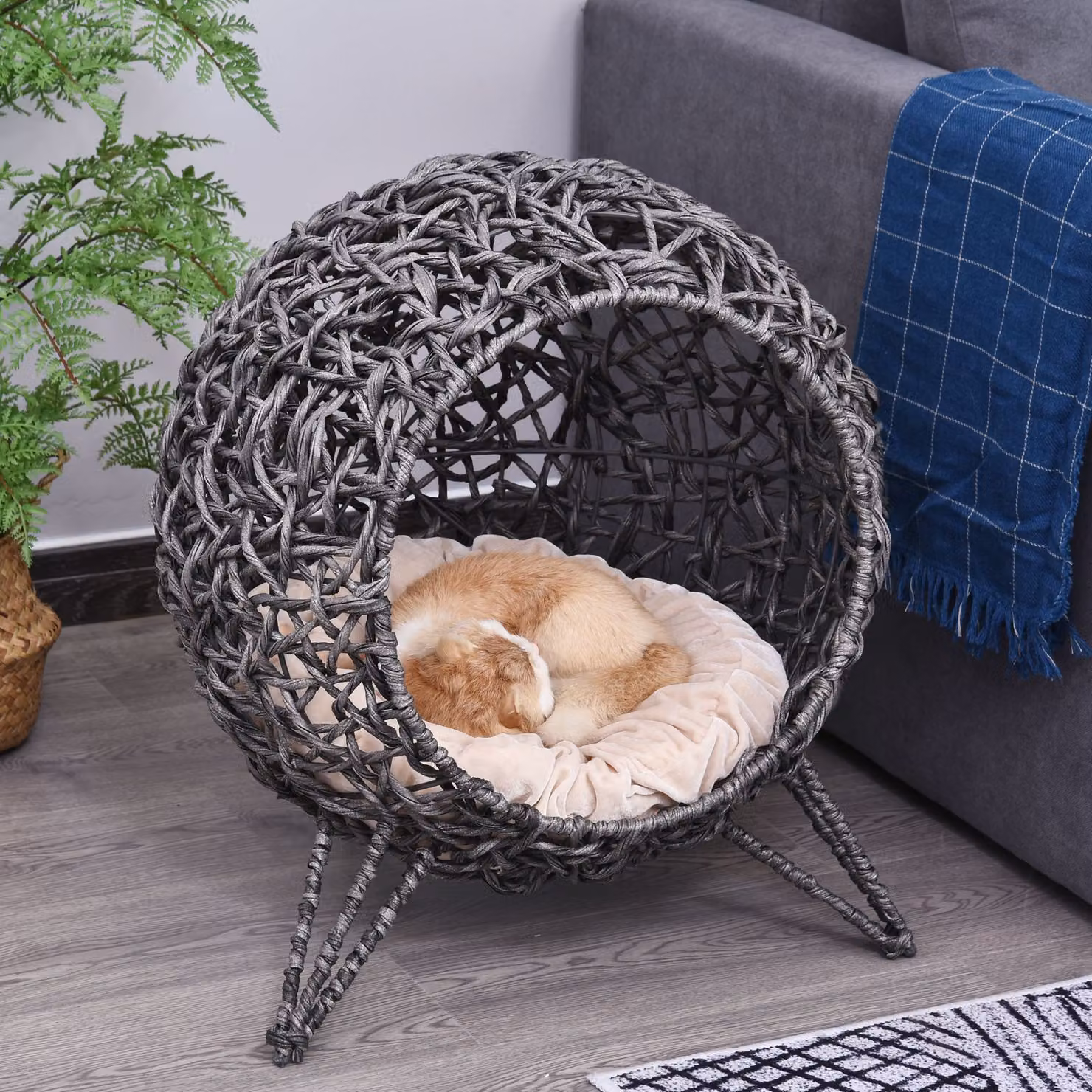PawHut Cestino per gatto a forma di grotta in resina effetto rattan grigio con cuscino morbido, Ø 52 x H 58 cm – 2