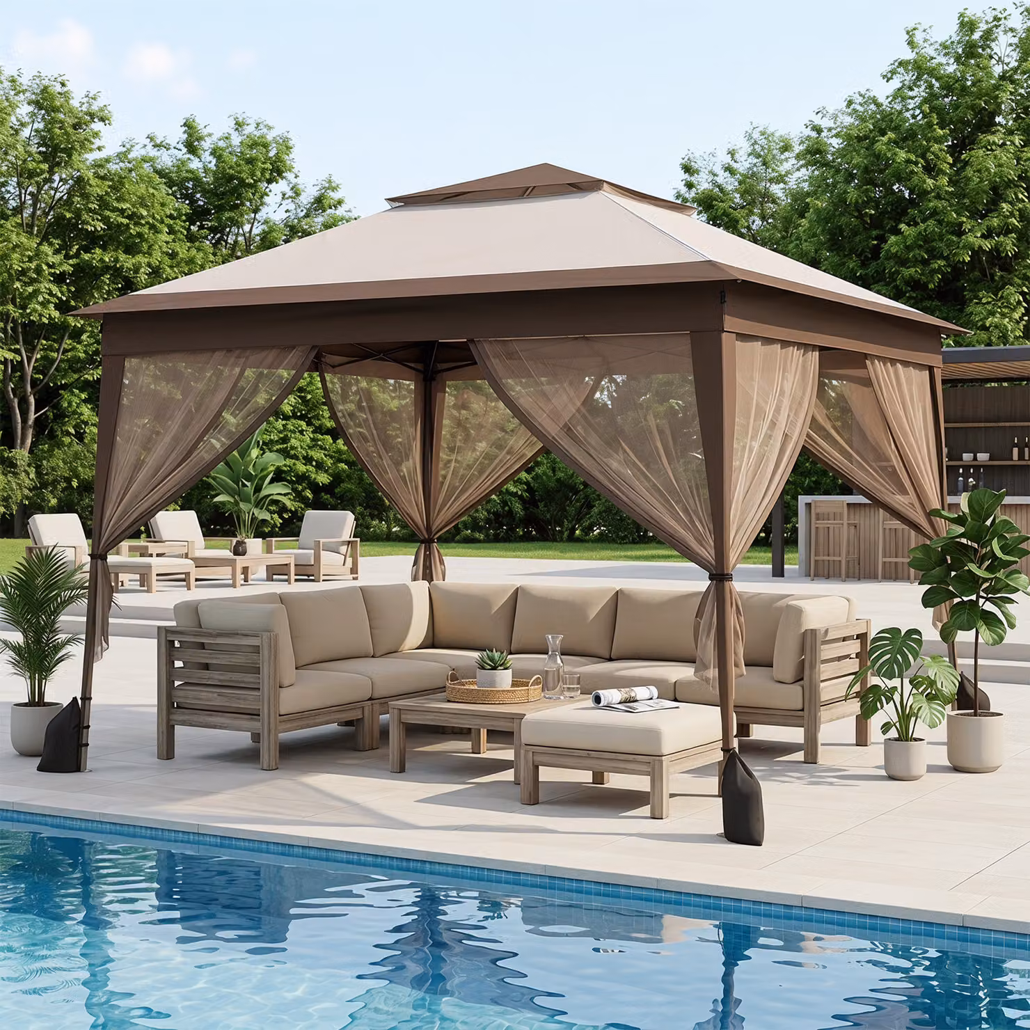 Gazebo da giardino pieghevole Costway con pareti in rete e borsa con ruote, struttura in metallo, Marrone
