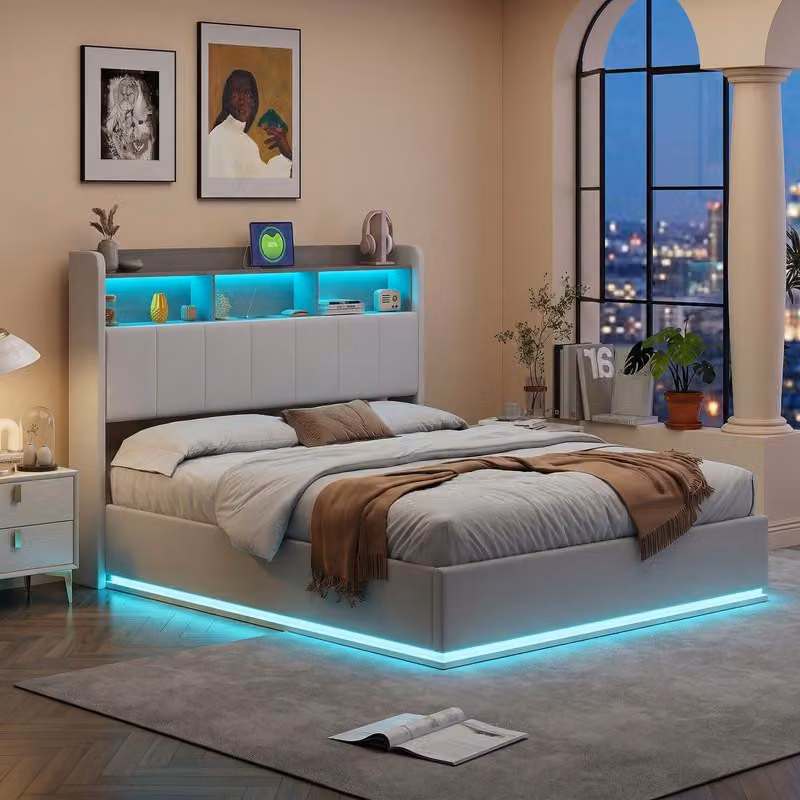 Letto imbottito ProximaX 140x200 cm in velluto beige – Letto matrimoniale con vano contenitore idraulico, illuminazione a LED RGB e testiera con vani portaoggetti, struttura letto moderna