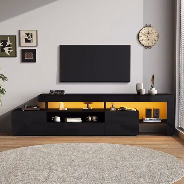 Mobile TV moderno nero con finitura lucida e illuminazione LED integrata, L/P/H: 192 x 37 x 53 cm