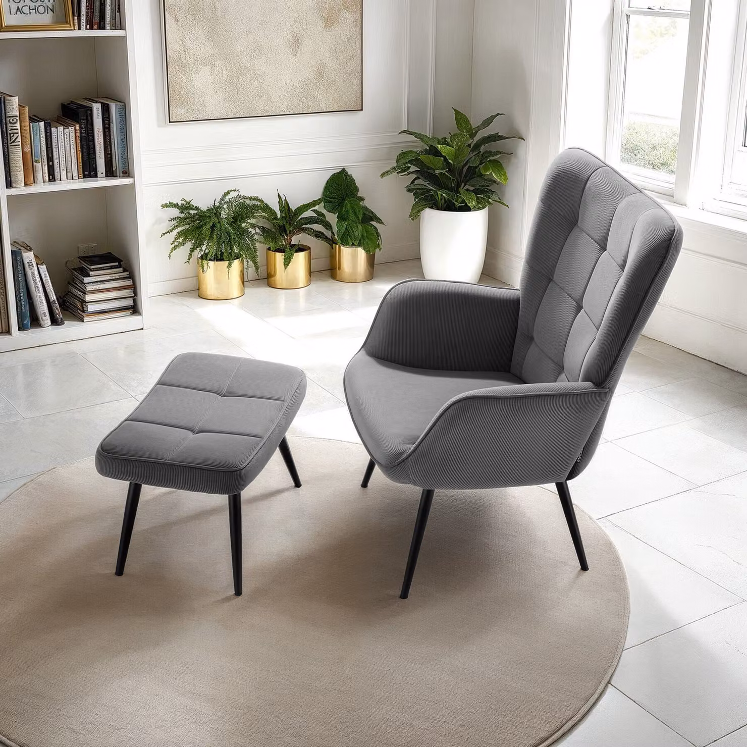 Poltrona Hygge tectake con pouf integrato, imbottitura in schiuma e tessuto velluto, colore antracite e nero, L: 100.5 cm, P: 72.0 cm, H: 76.0 cm – 2