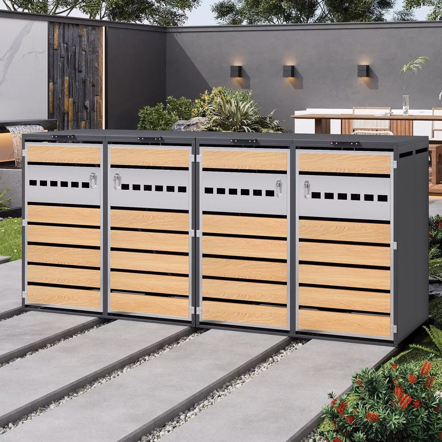 Merax Set di 2 contenitori per bidoni della spazzatura con coperchio ribaltabile e 2 scomparti, rivestimento per bidoni della spazzatura chiudibile a chiave con effetto legno e acciaio, per giardino e esterni