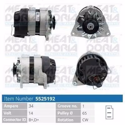 MEAT & DORIA 5525192 Alternatore LiMa 34 A 14 V per FORD ESCORT II (ATH), Capri (ECJ), TRANSIT cassone/telaio (V), ESCORT I (AFH, ATH)