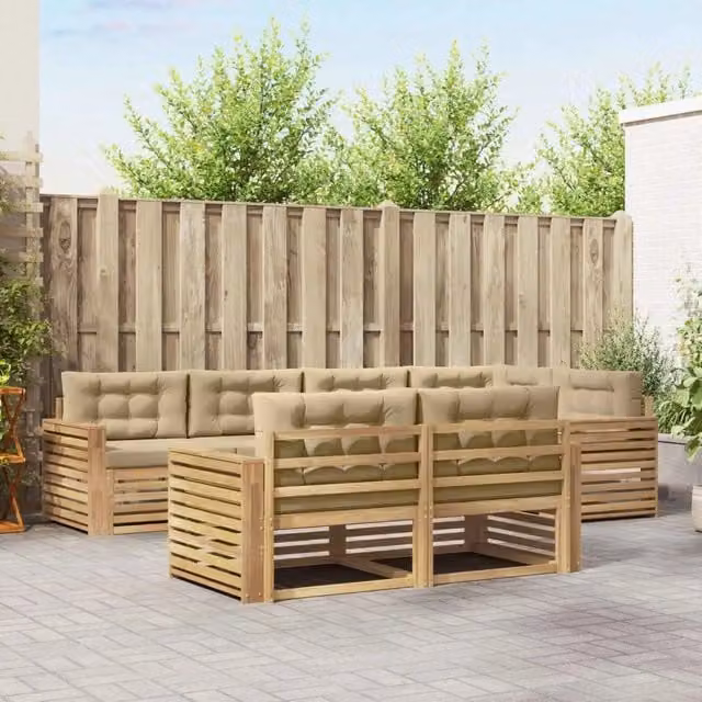 Set di divani da esterno a L vidaXL in legno di acacia con cuscini bianchi e beige