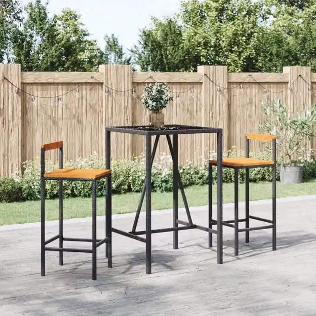 Set Bar da Giardino Moderno vidaXL in 3 Pezzi Nero con Polyrattan, Legno di Acacia e Vetro