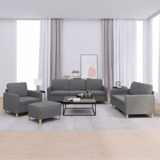 Set di divani moderno vidaXL in tessuto grigio composto da divano a 3 posti, divano a 2 posti e pouf con cuscini inclusi