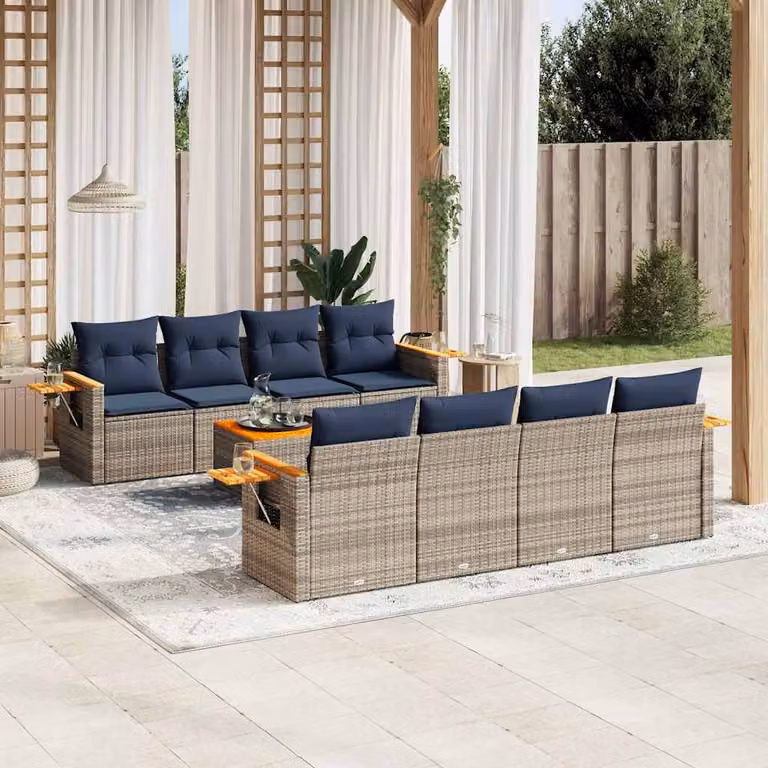 Set di Divani da Giardino vidaXL 9 pz a Forma a U in Polyrattan con Cuscini Blu e Grigio
