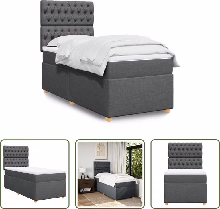 The Living Store Letto a molle con materasso grigio scuro 80x200 cm in tessuto