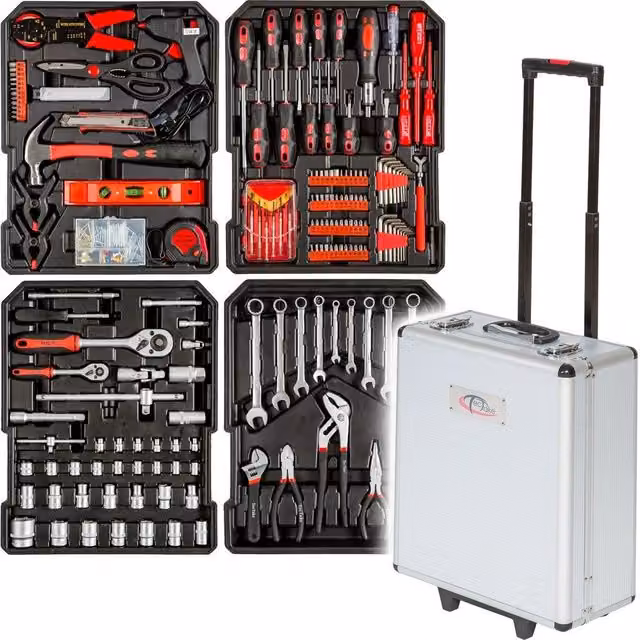 Cassetta Attrezzi Portatile con Trolley Trade Shop, Officina con 187 Utensili e 4 Scomparti, Colore Argento