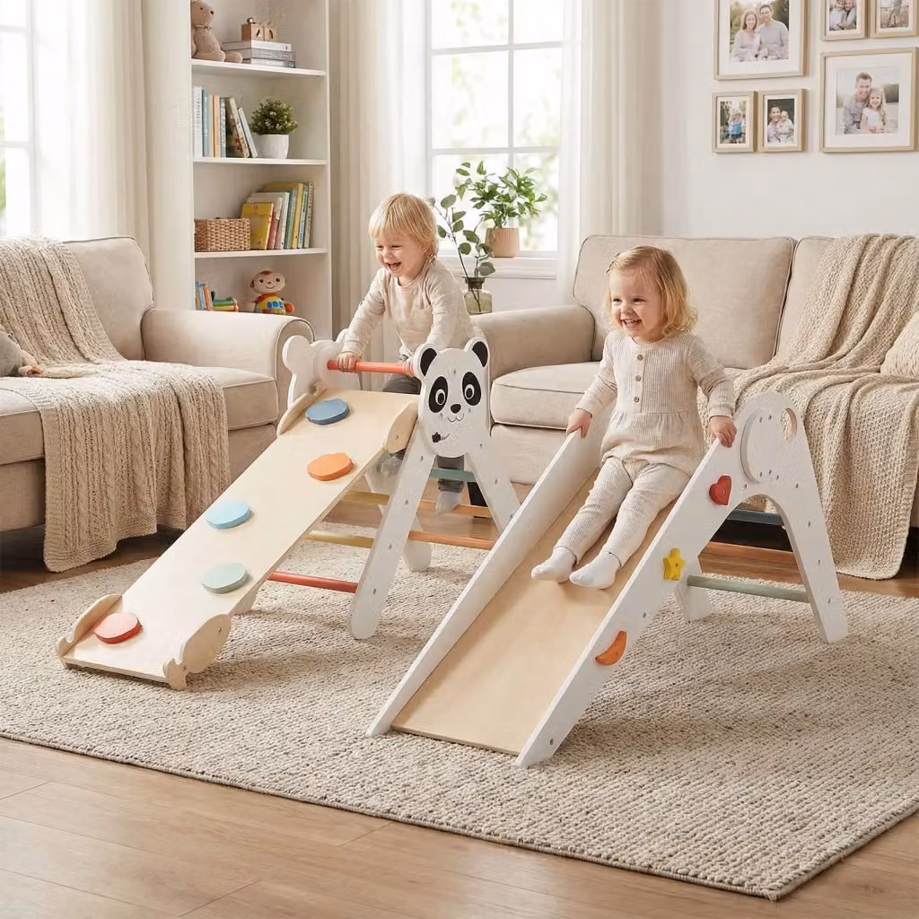 Set triangolo arrampicata Montessori pieghevole a tema panda con scivolo, rampe e scala in legno, Bianco – 2
