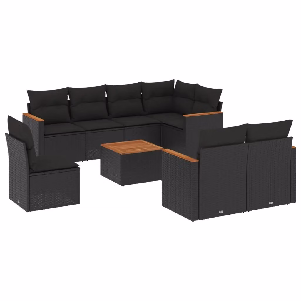 vidaXL Set Divani da Giardino a L 9 pz con Tavolino e Cuscini Neri in Polyrattan e Acciaio – 2