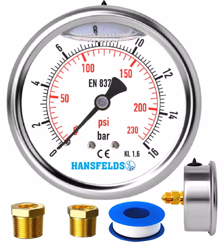 Manometro da 0 a 16 bar/psi, quadrante da 63 mm, corpo in acciaio inossidabile, riempito con glicerina