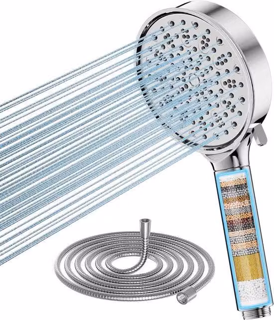Soffione doccia ad alta pressione con filtro e tubo flessibile – Soffione doccia a risparmio idrico a 6 livelli con filtro a 20 strati contro calcare, cloro e impurità